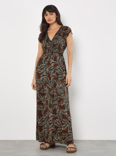 Rustic Leaf Print Smocked Maxi Dress