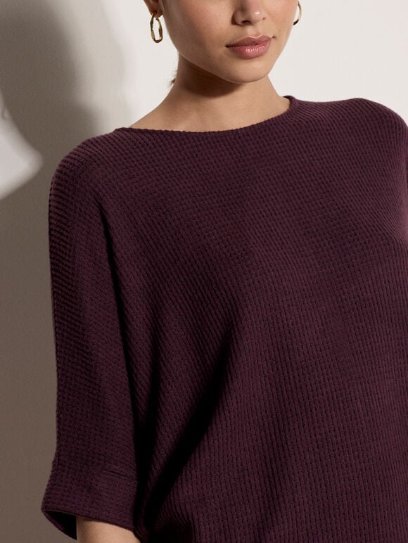 Soft-Touch Batwing Waffle Knit Top, Purple, large