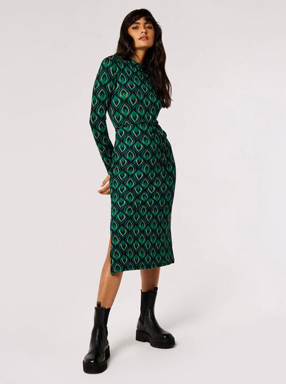 Peacock Print  Knit Midi Dress