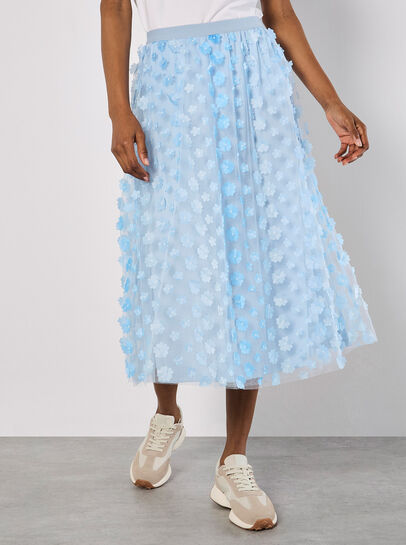 Applique Flowers Tulle Midi Skirt