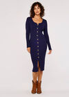 Buttoned Ribbed Midi Dress, Navy, large