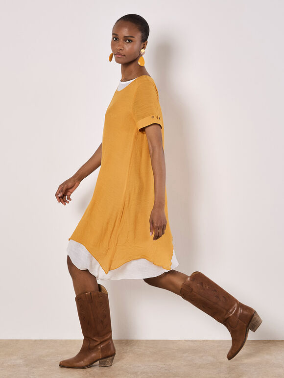 Slub Shimmer Tunic Mini Dress, Mustard, large