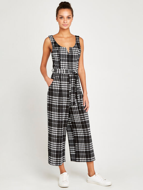 V Detail Check Culotte Jumpsuit, Black, large