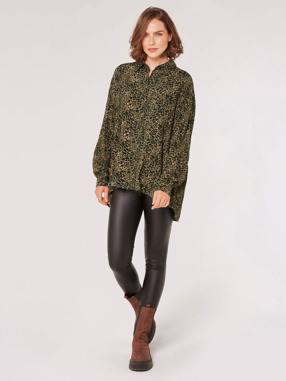Oversized Animal Print Shirt, Khaki, large