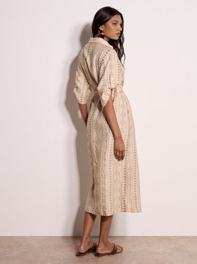Geometric Shimmer Embroidered Shirt Midi Dress