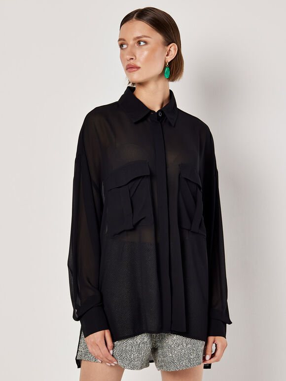 Oversized Chiffon Shirt, Black, large
