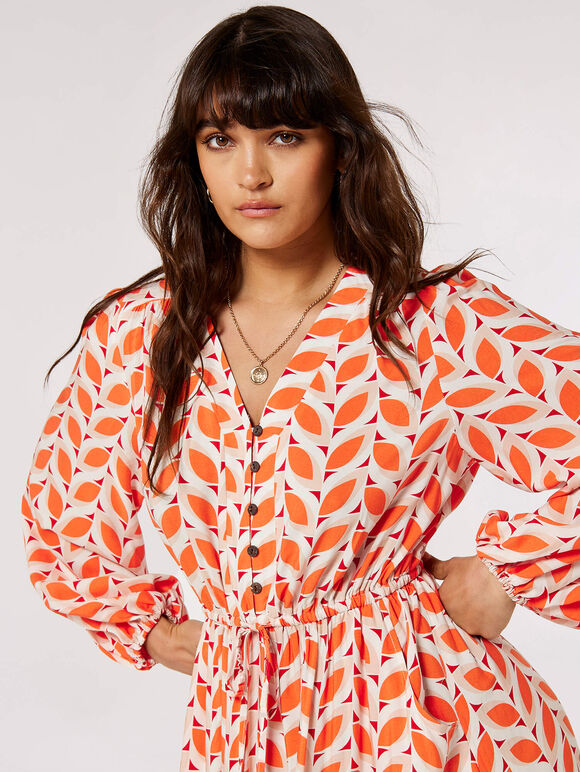 Geo Leaves Drawstring Maxi Dress, Orange, large
