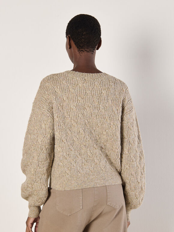 Flecked Braid Cable Knit Jumper, Stone, large