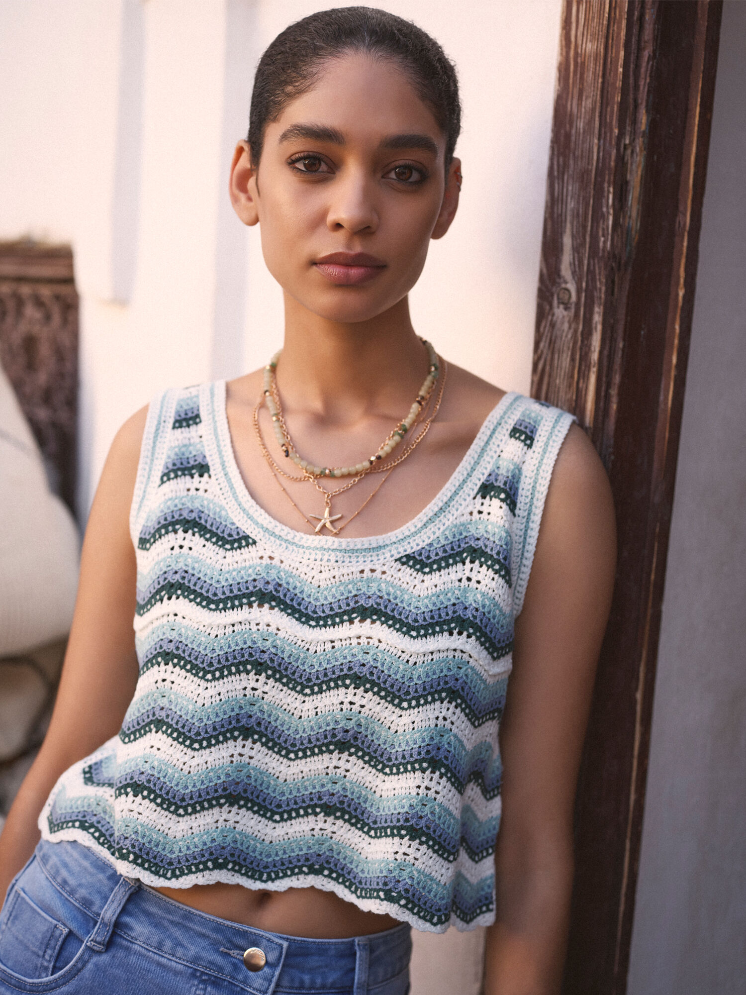 Chevron Hakel Crop Top Apricot Kleidung