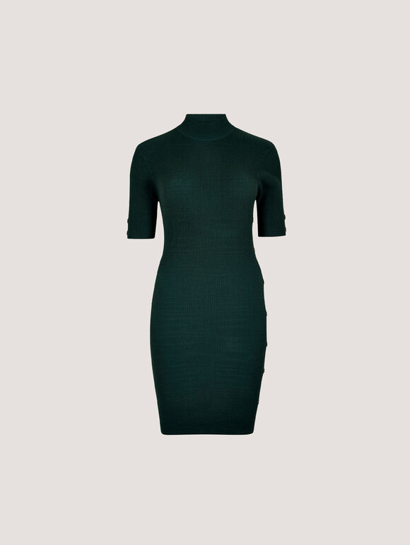 Ribbed Knit Button Embellished Mini Dress, Green, large