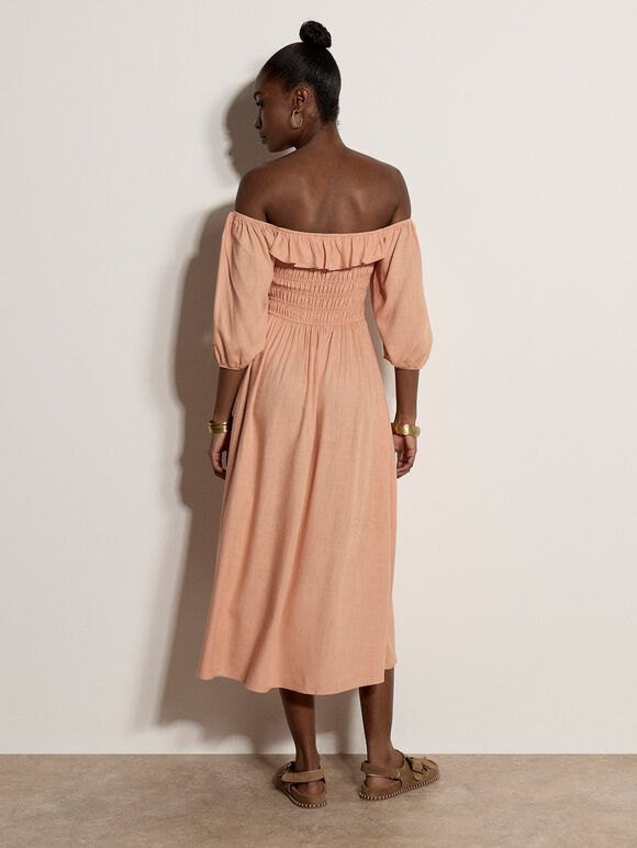 Smocked Bardot Maxi Dress, Peach, large