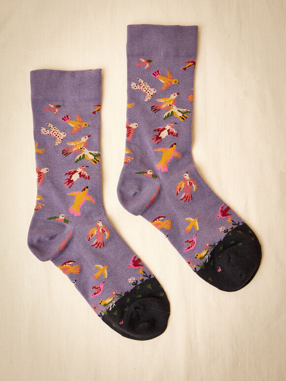 Chaussettes en coton à imprimé oiseaux, violet, grande