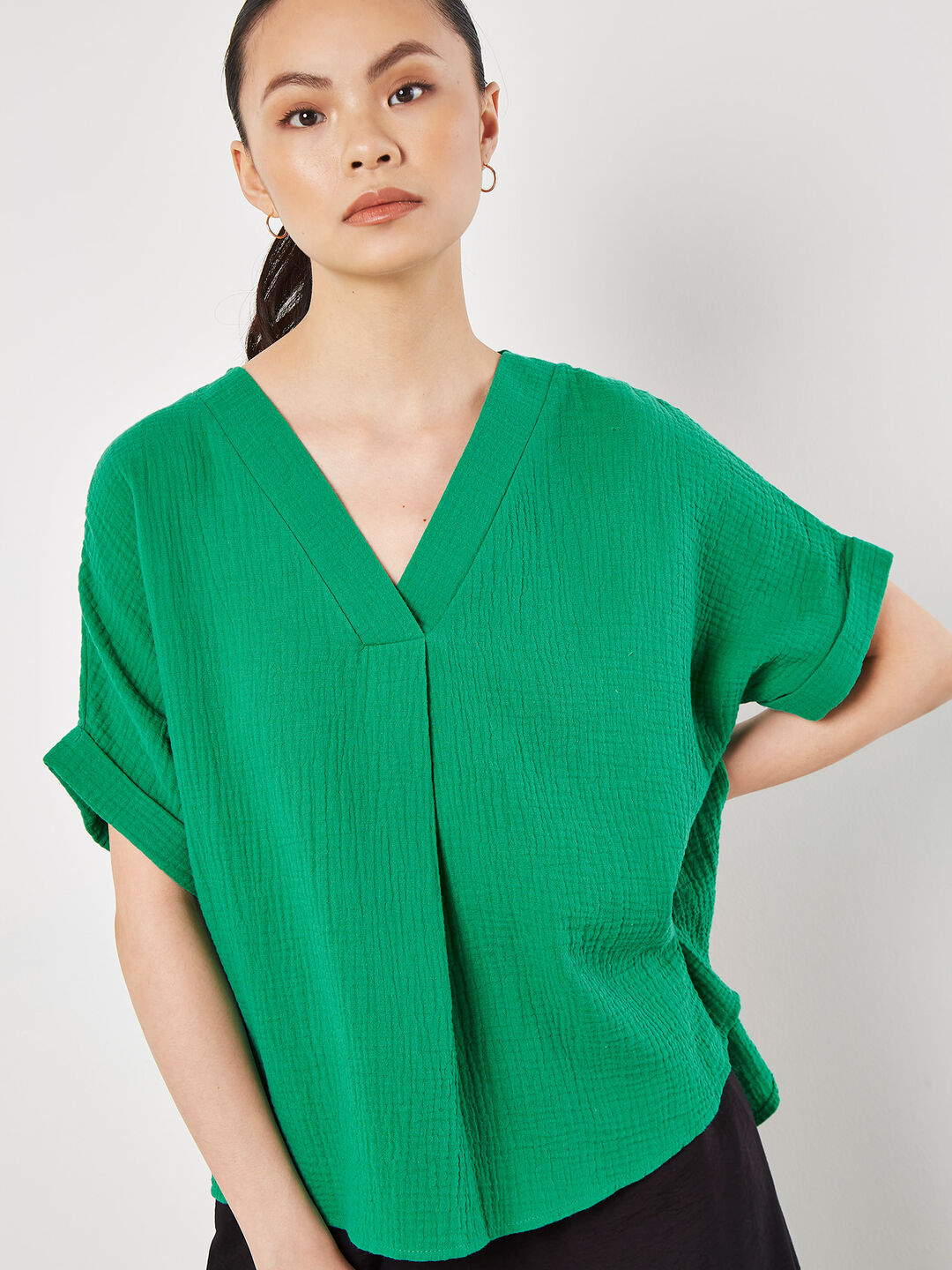 Textured Cotton Pleat Front Top