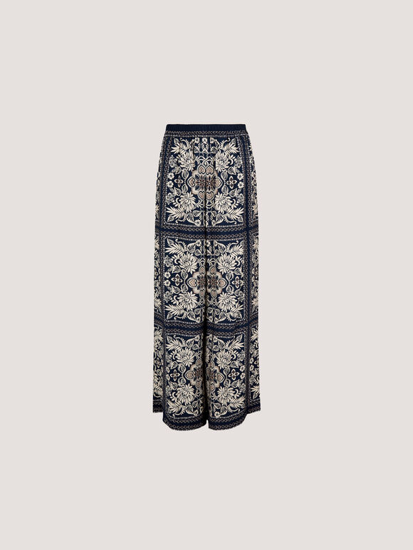 Scarf Print Flare Trousers, Navy, large
