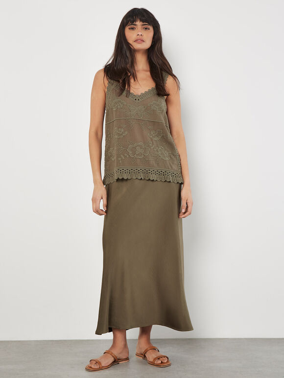 Floral Embroidery Crochet Cotton Top, Khaki, large