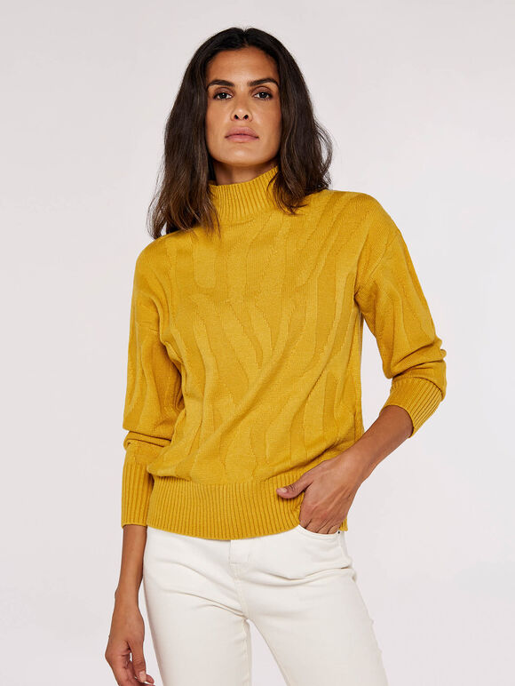 Jacquard Mock Neck Jumper, Mustard, large