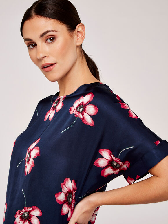 Large Flower Kimono Sleeve Top, Navy, large