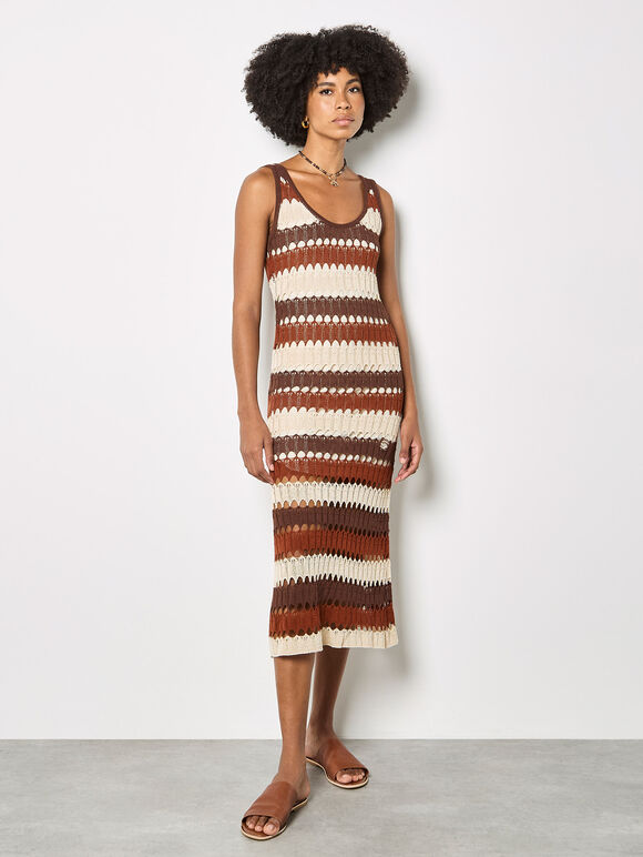 Crochet Stripe Midaxi Dress, Brown, large