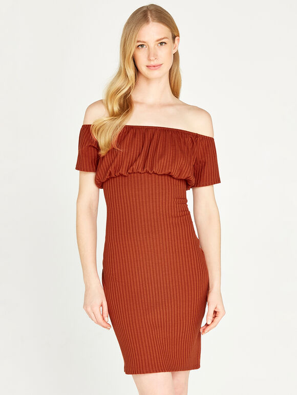 Milkmaid Bardot Ribbed Dress, Rust, large
