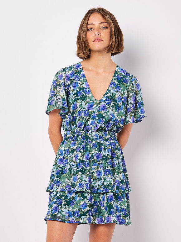 Watercolour Floral Chiffon Mini Dress, Green, large