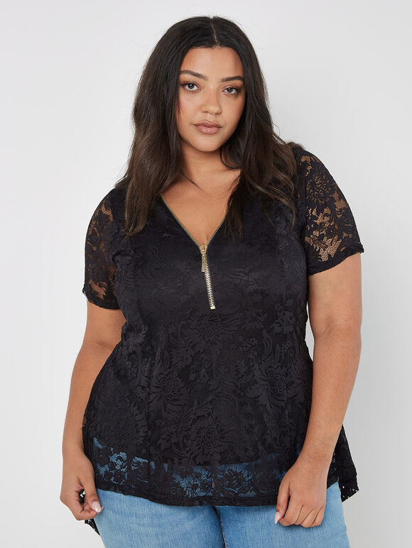 Lace Zip Front Top, Black, large