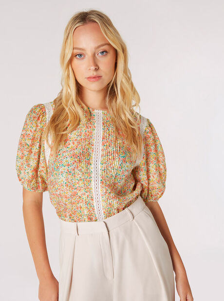 Floral Lace Pintuck Pleat Blouse