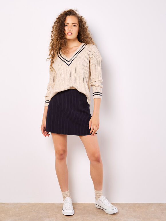 Cable Knit Cricket Jumper, Stone, large