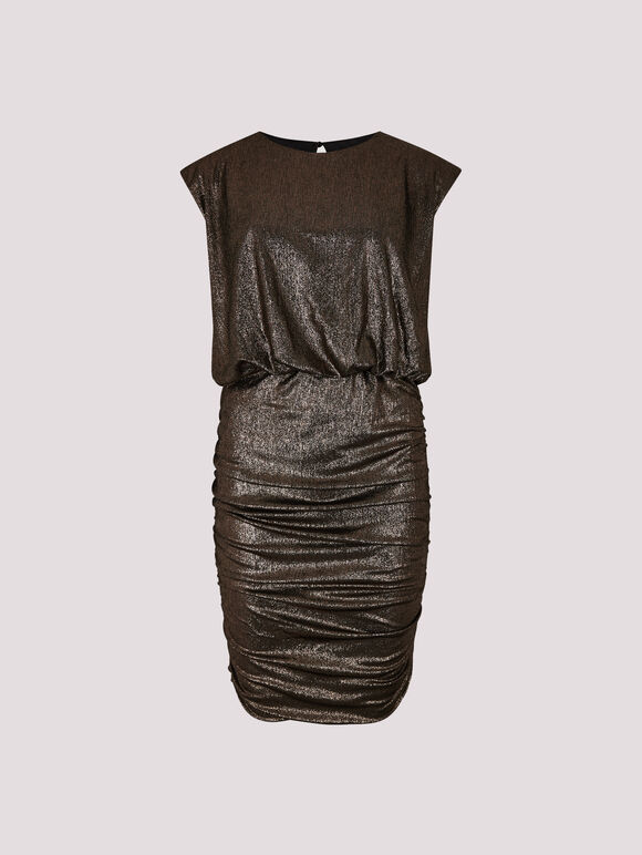 Metallic Ruched Mini Dress, Brown, large