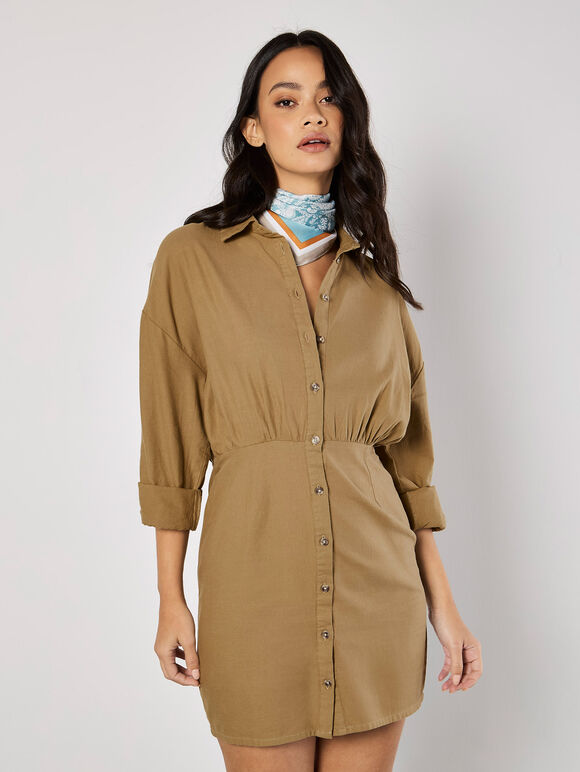 Fitted Twill Shirt Mini Dress, Stone, large