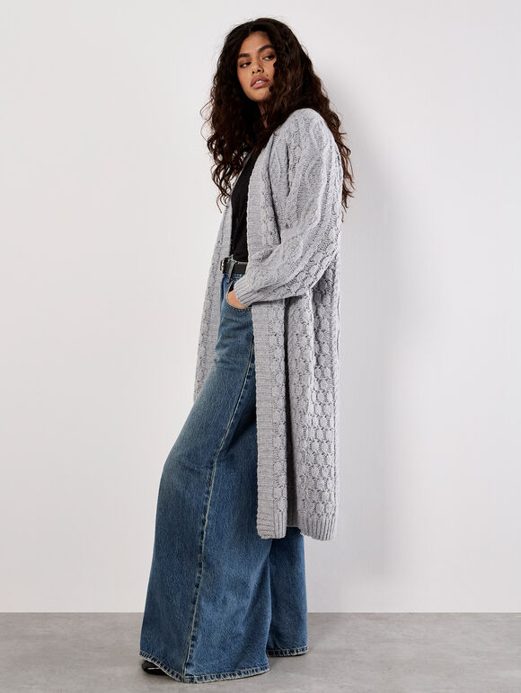 Chunky Cable Knit Longline Cardigan, Grey, large