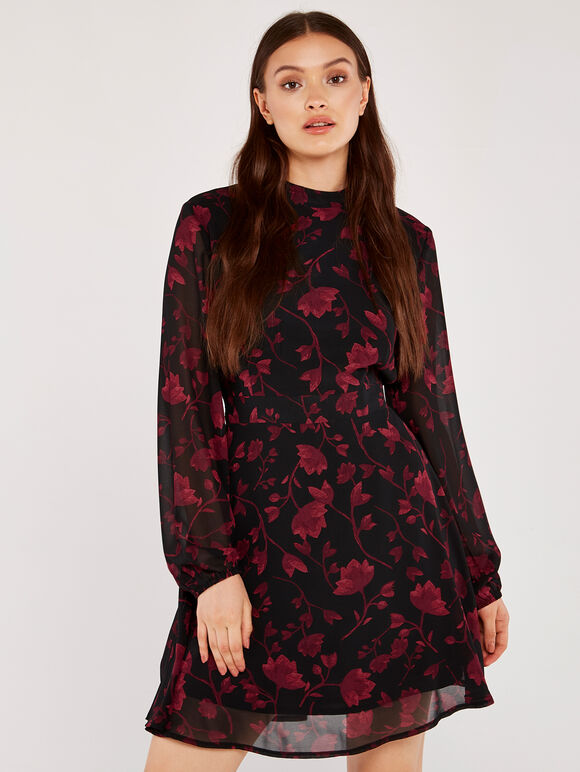 Silhouette Branches Chiffon Dress, Black, large