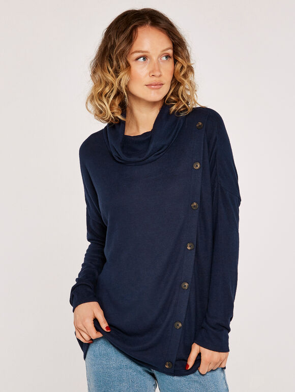 Soft Marl Mock Neck Button Front Top, Navy, large