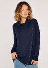 Soft Marl Mock Neck Button Front Top, Navy, large