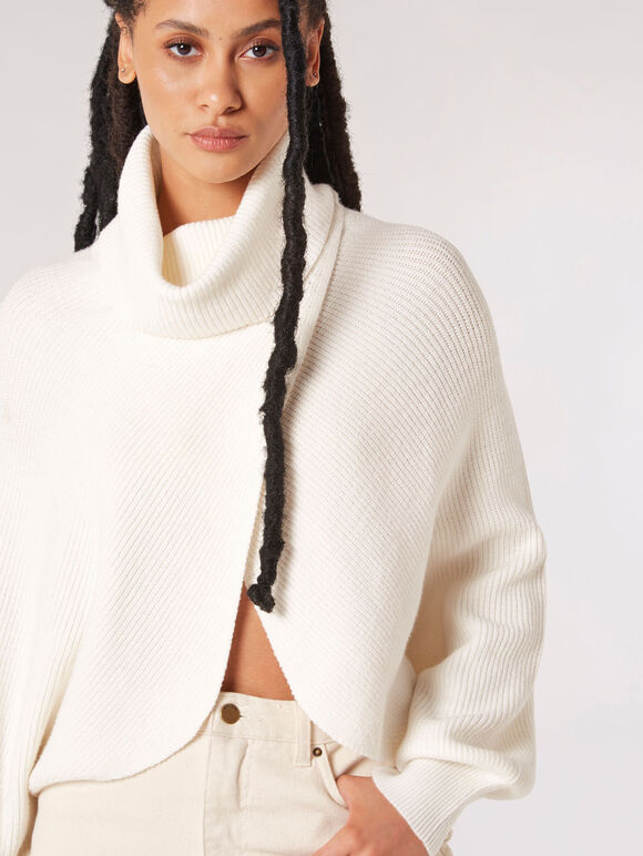 Cowl Neck Ribbed Wrap Jumper, Cream, large