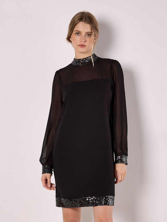 Sequin Trim Shift Mini Dress, Black, large