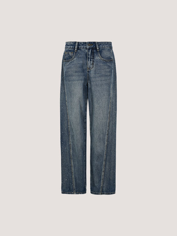 Ayla Rhinestone Panel Barrel Jeans, Blue, large