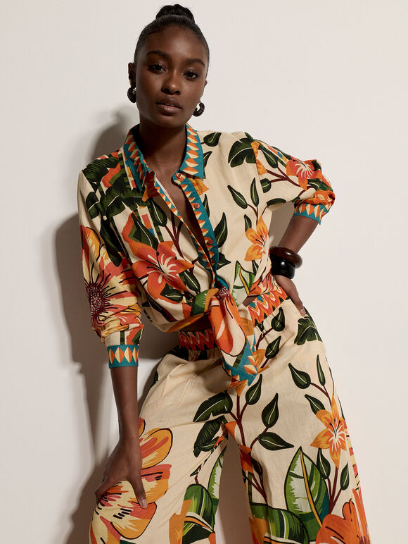 Tropical Floral Print Shirt, Stone, large