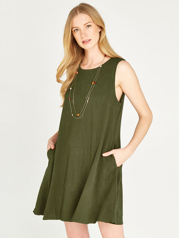 Textured Linen Sleeveless Dress, Green, large