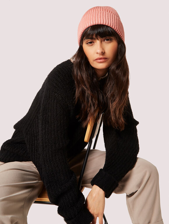 Fisherman Ribbed Beanie Hat, Pink, large