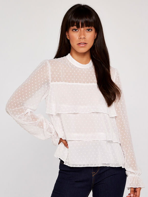 Sheer Dobby Long Sleeve Tiered Top, Cream, large