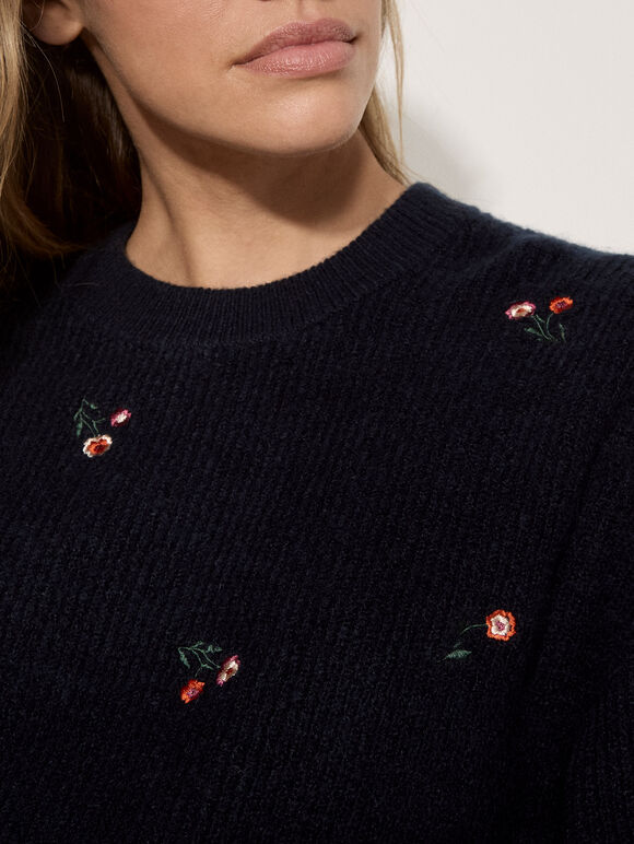 Floral Embroidered Jumper, Navy, large