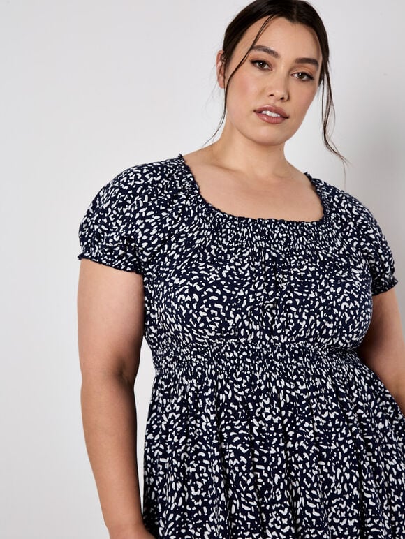 Brush Spot Milkmaid Midi Dress, Navy, large