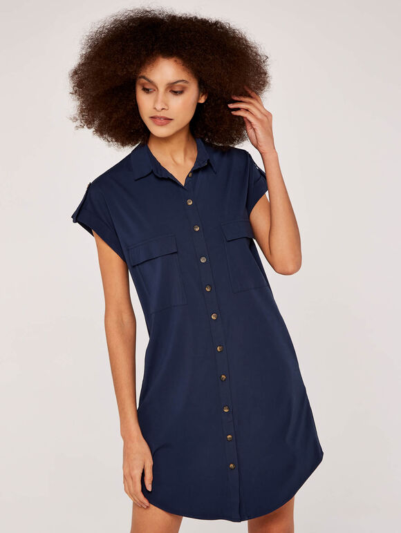 Sleeveless Shirt Mini Dress, Navy, large