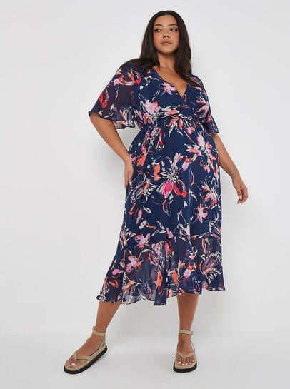Curve Abstract Floral Wrap Midi Dress