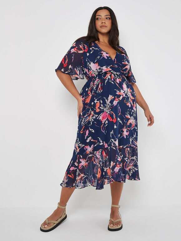Curve Abstract Floral Wrap Midi Dress, Navy, large