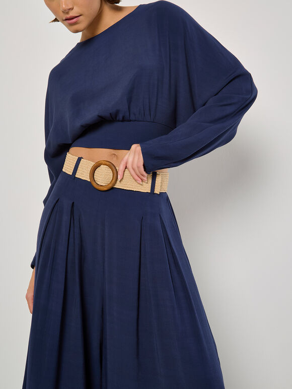 Pleated Palazzo Trousers With Belt, Navy, large