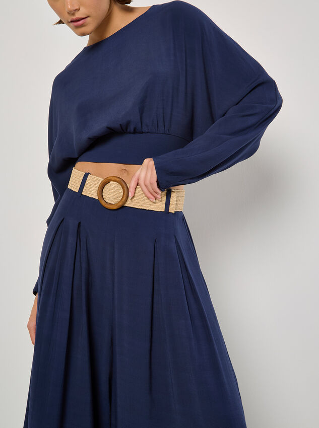 Pleated Palazzo Trousers With Belt, Navy, large