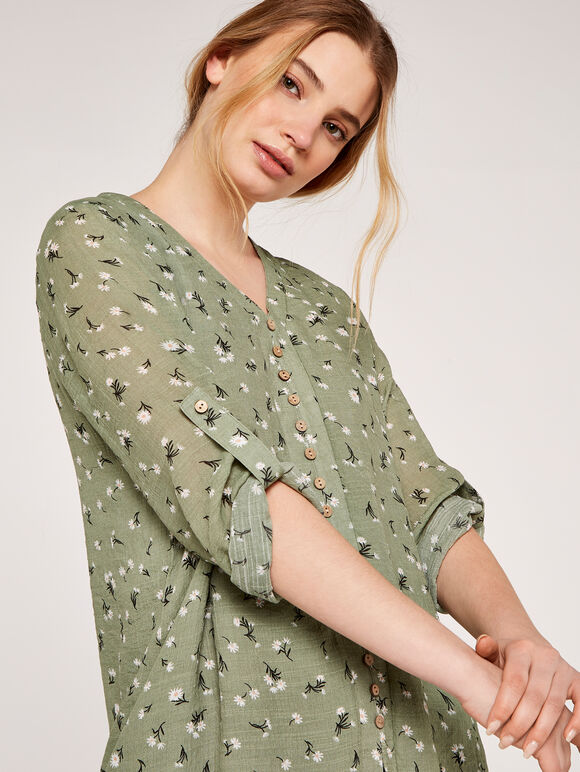 Daisy Print Button Top, Green, large