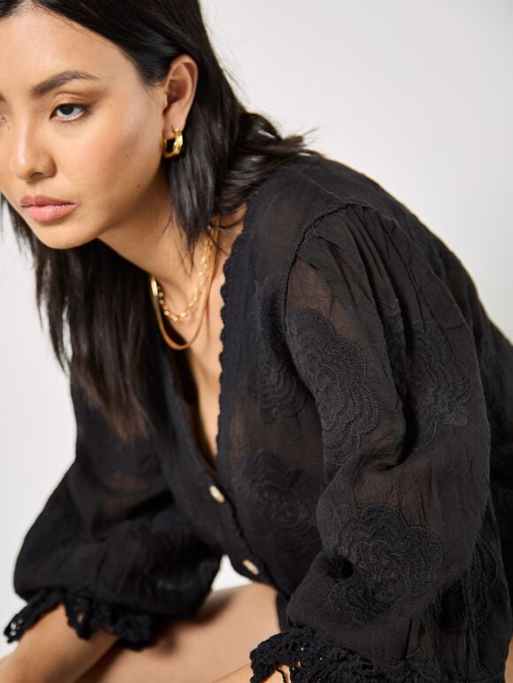 Embroidered Daisies Lace Blouse, Black, large
