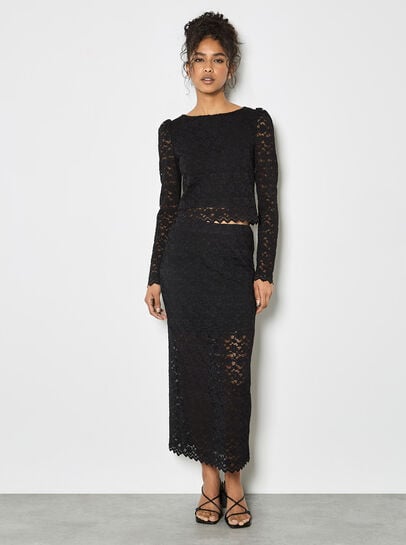 Floral Leaf Lace Midi Skirt